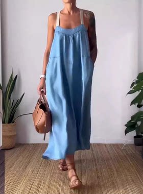 亚马逊欧美独立站爆款夏季休闲棉麻背带裙连衣裙Y3002中腰圆领