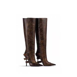 新款 欧美骑士靴箭头细高跟中筒2024长靴时装靴子百搭穿搭超高跟