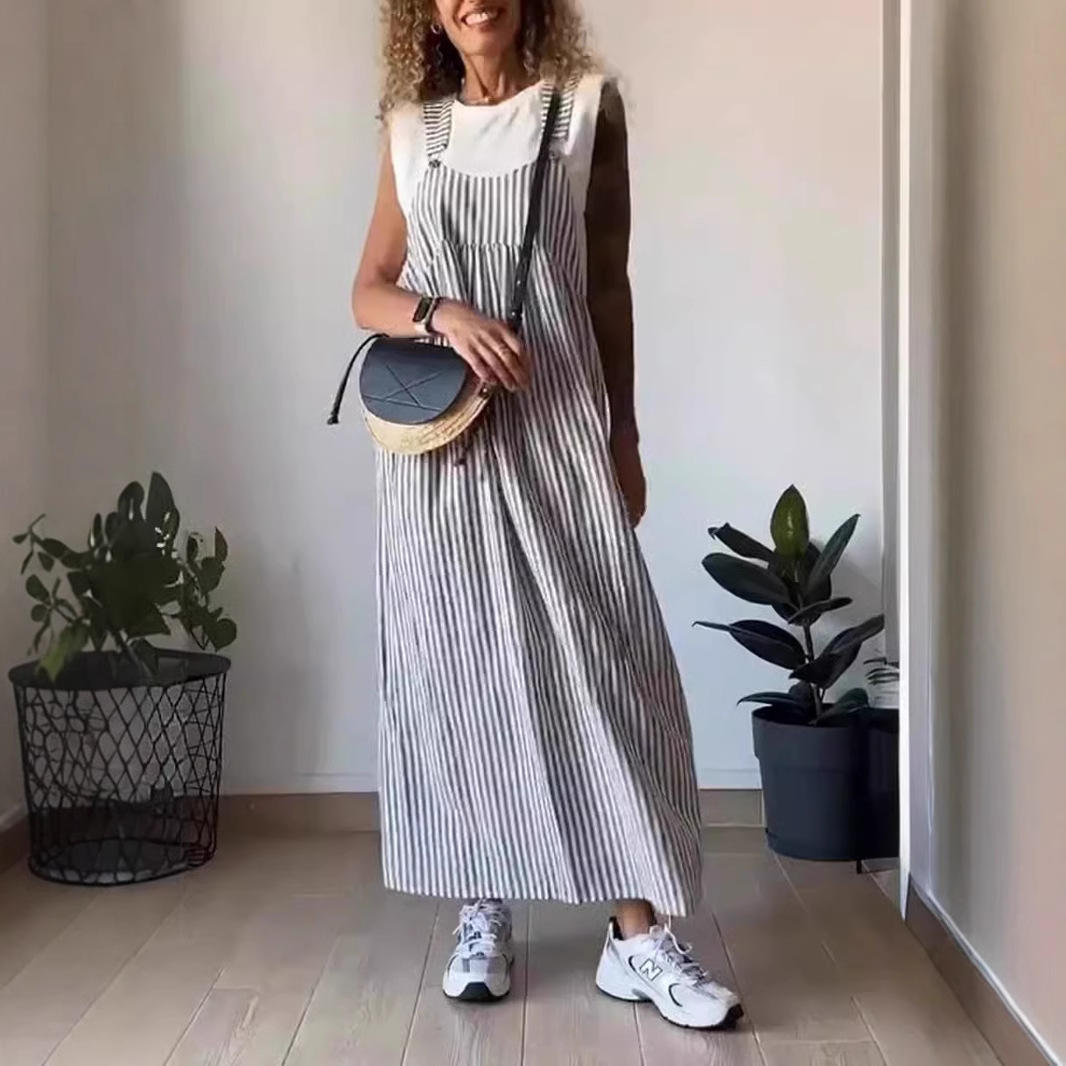 新款 2026欧美跨境夏季新品 独立站速卖通女士时尚条纹背带连衣裙图片