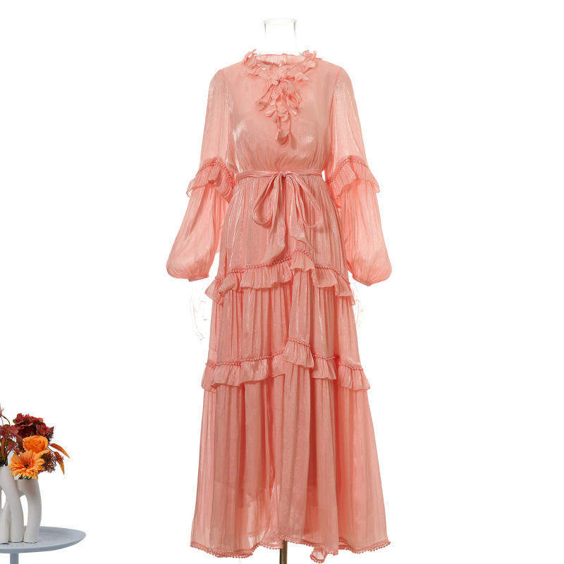 新款度假风花边系带立领多层珍珠荷叶边大摆型纯色长款连衣裙 9色