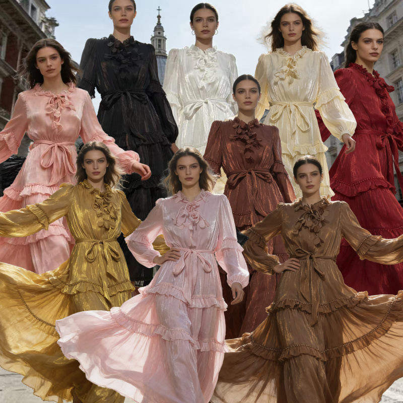 度假风花边系带立领多层珍珠荷叶边大摆型纯色长款连衣裙女单件