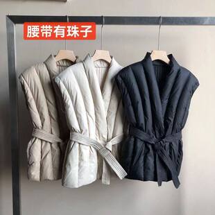 BC家25秋冬针织拼接V领系带白鸭绒羽绒服女短款马甲坎肩外套常规