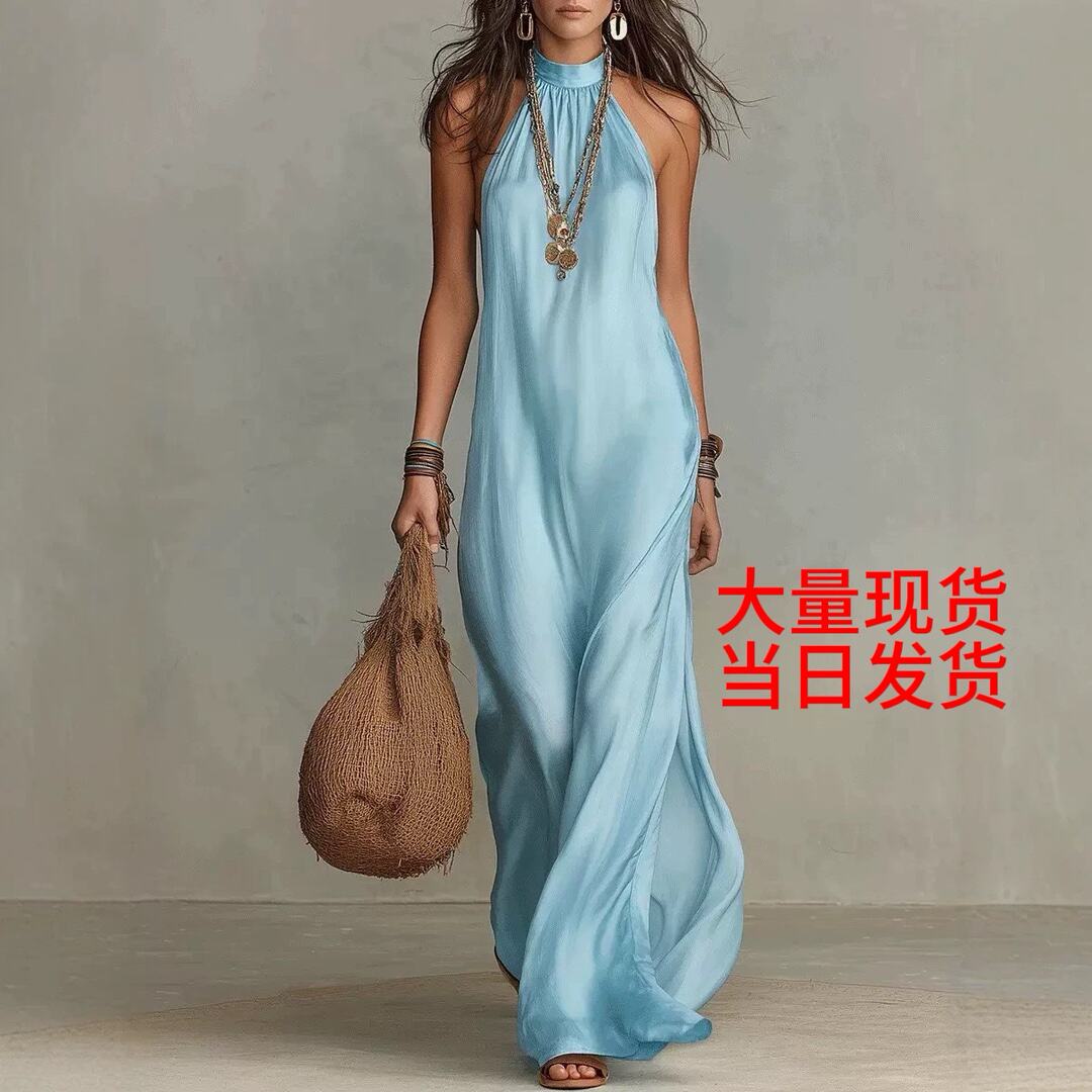亚马逊2026夏季波西米亚风露肩宽松长裙女气质飘逸挂脖连衣裙单件