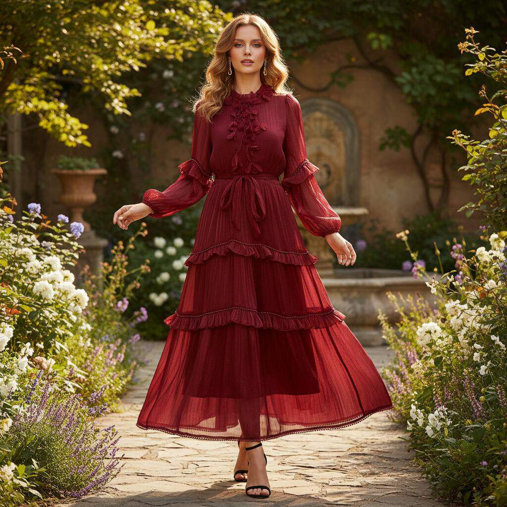 2026度假风花边系带立领多层珍珠荷叶边大摆型纯色长款连衣裙长袖