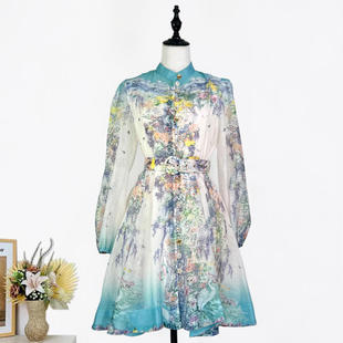 欧美小众优雅两件套连衣裙立领定位印花单排扣伞裙短裙涤纶