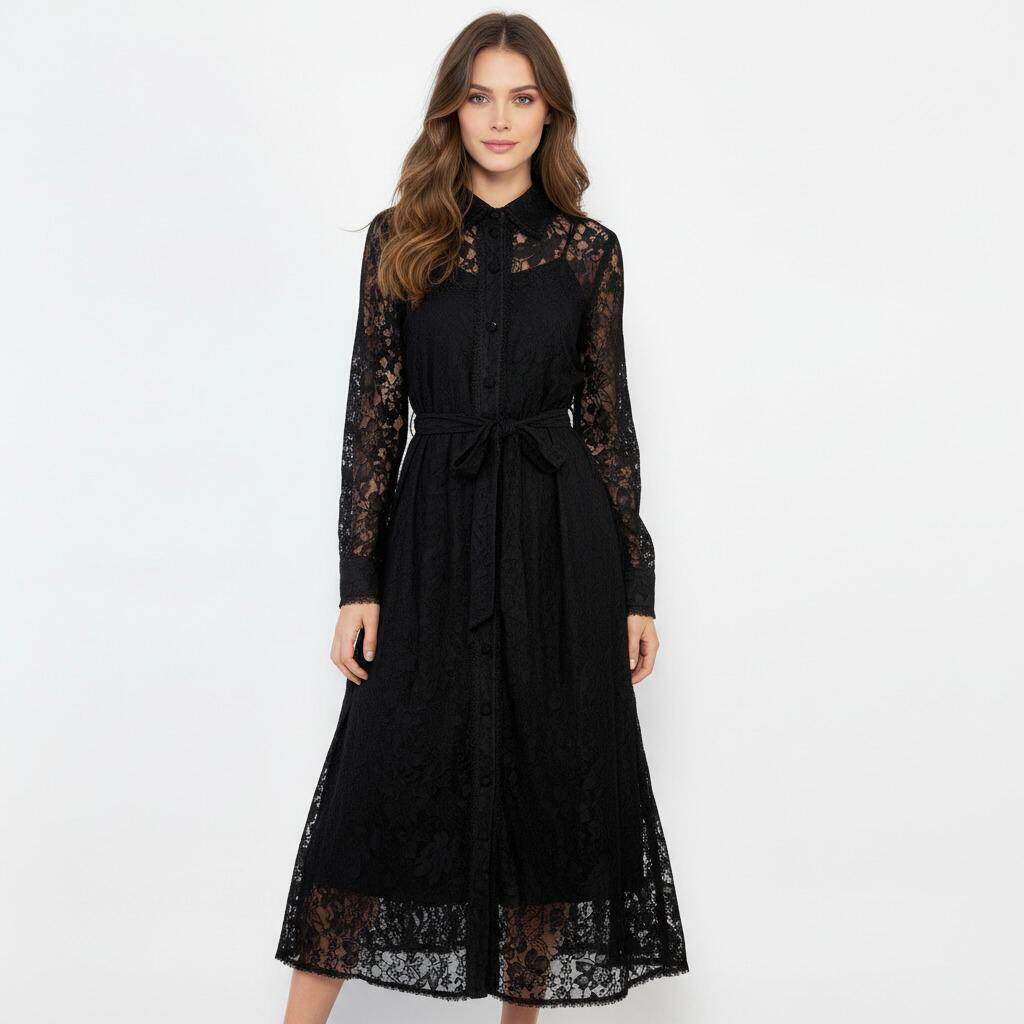 2025秋季衬衫领腰带中长款单排扣纯色全蕾丝连衣裙女A字裙