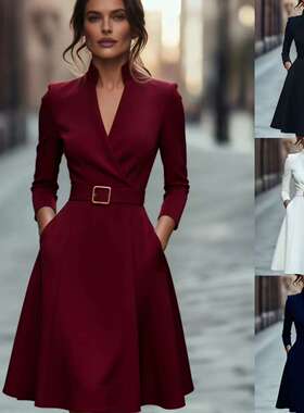 2025亚马逊temu爆款 欧美外贸纯色收腰V领大摆长袖连衣裙常规袖