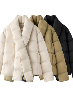 秋冬宽松简约围巾款羽绒服女短款90白鸭绒外套5P0C14030锦纶