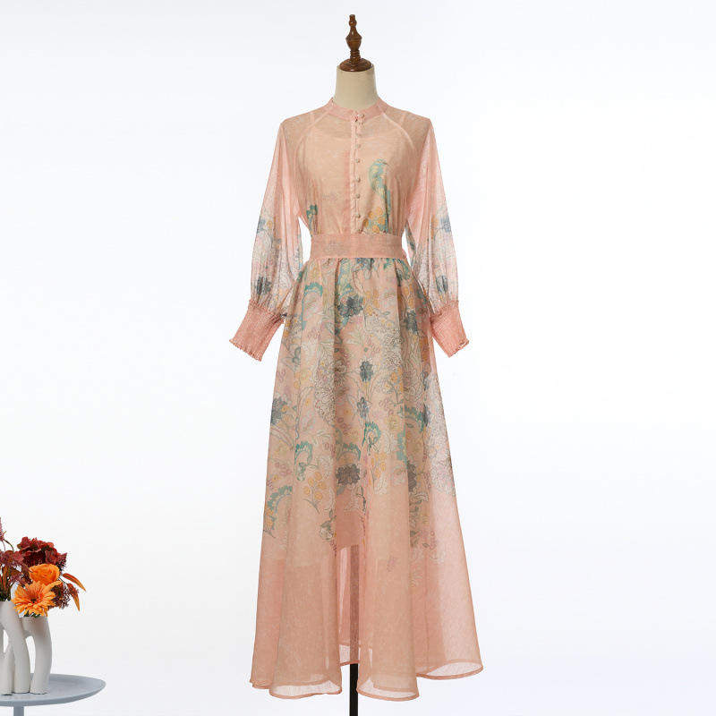 实拍佩斯利印花工艺玫瑰花开松紧腰超大裙摆套装裙42色时尚套装