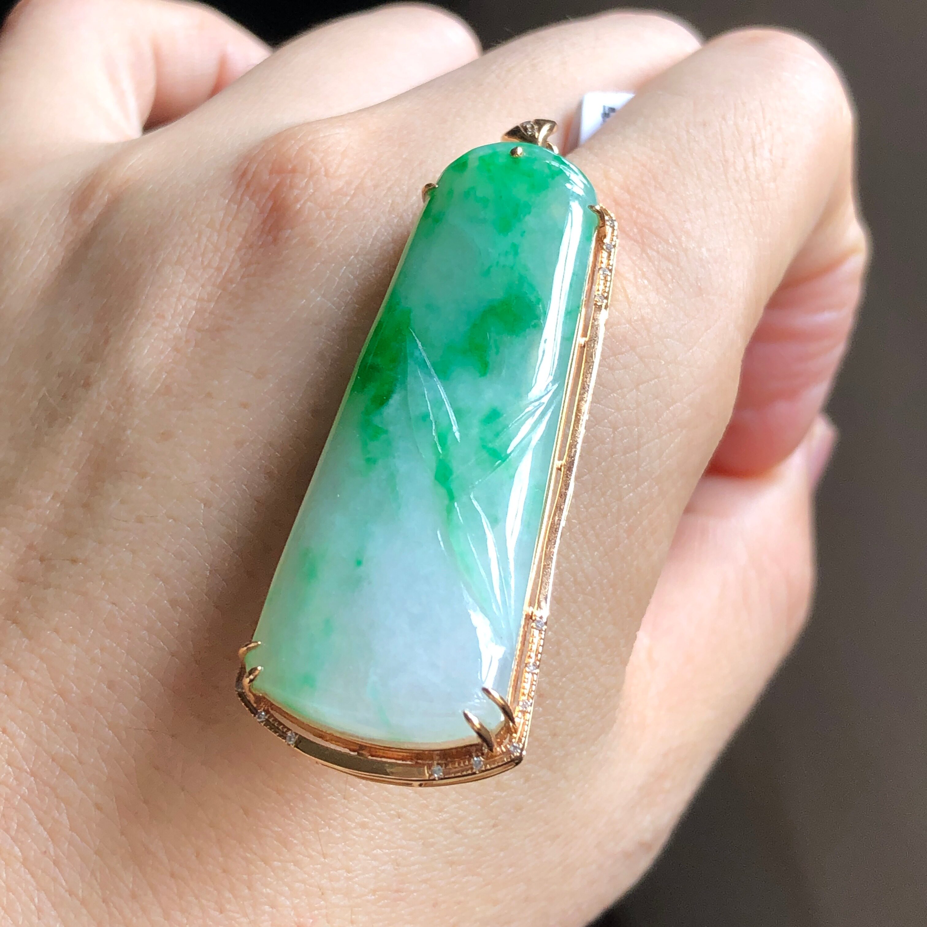 冰种阳绿飘翠天然a货翡翠竹节吊坠18k金镶嵌竹节挂坠挂件女x-f017