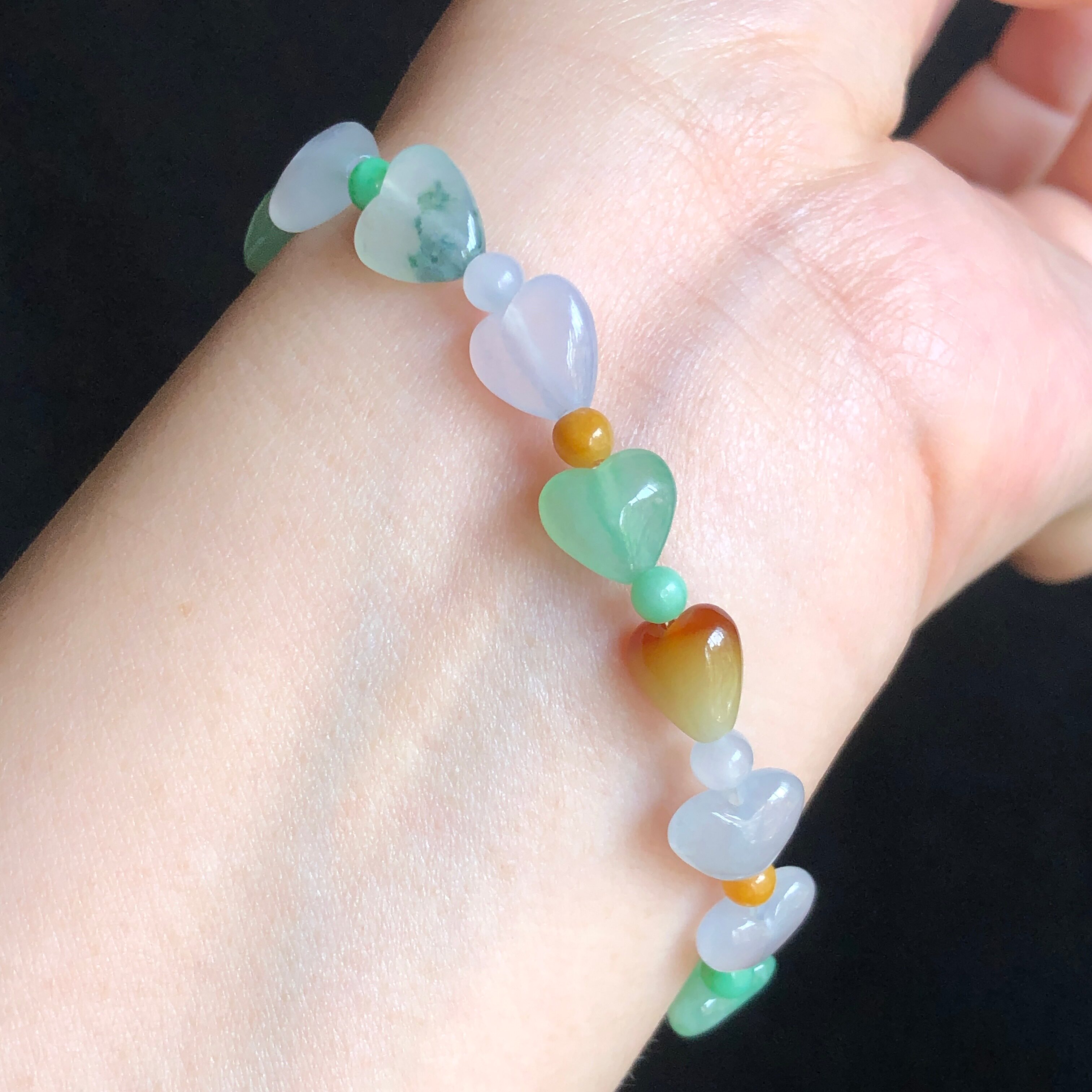 老坑冰透爱心三彩手链 天然a货翡翠三彩爱心 手串 手链 l005