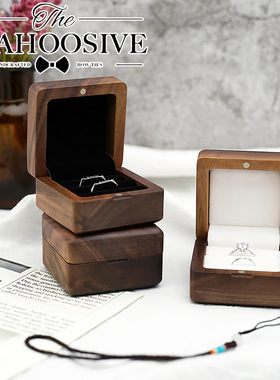 求婚首饰盒结婚对戒胡桃木倒角戒指收纳盒小号复古便携式收纳木盒