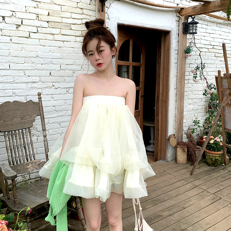 Real photo slim knit long sleeve cardigan + sweet mesh pompous skirt A-line short skirt suit