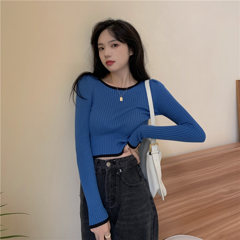 Real shot autumn multi color slim bottom shirt women's short navel long sleeve color contrast t