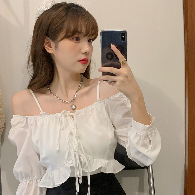 Real shot early autumn ins foreign style sling shirt sexy one shoulder lace up long sleeve versatile top