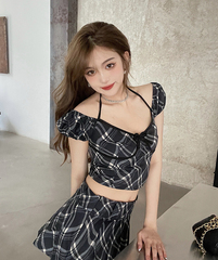 Real shot sweetheart Vintage Plaid bubble sleeve top two piece suit for spice girl pleated skirt