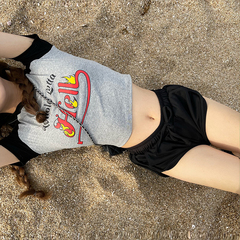 Real shot of Xiaxin short fit color matching t-shirt female sexy navel exposed flame letter top