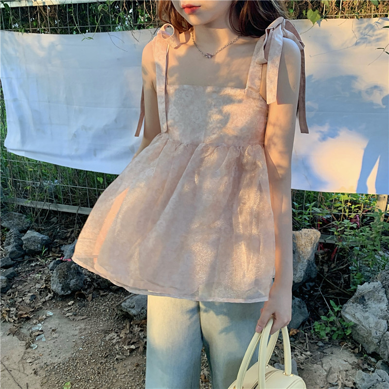 Real shot new sweet Korean version loose and thin sleeveless bow design niche pengpeng suspender skirt