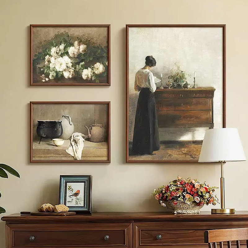 美式客厅背景墙复古组合装饰画餐厅壁画法式中古风挂画古典仿油画