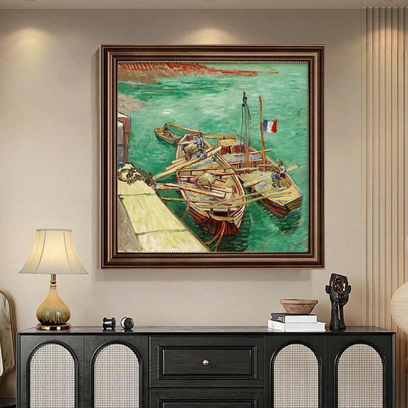 梵高欧式复古餐厅装饰画横版油画美式客厅卧室挂画大海帆船斗方