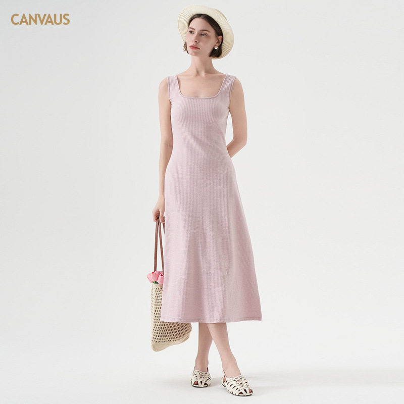 CANVAUS方领棉质背心连衣裙女优雅气质法式中长款黑色修身大摆裙