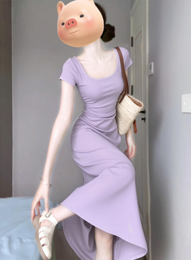 跨境紫色腰连衣裙女夏a字夏日绝美漂亮小个子巨看掐腰包臀长裙子