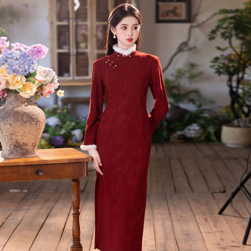 红色加绒加厚冬装国风新中式长袖改良旗袍2025新款拜年服女秋冬季