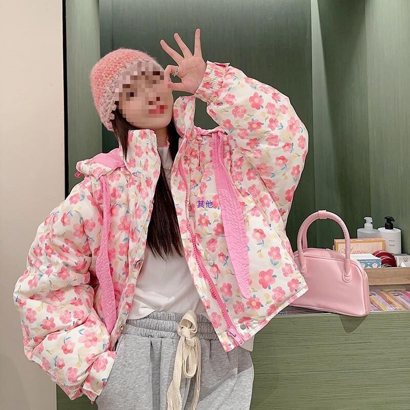 韩版可爱花朵飘带棉衣女