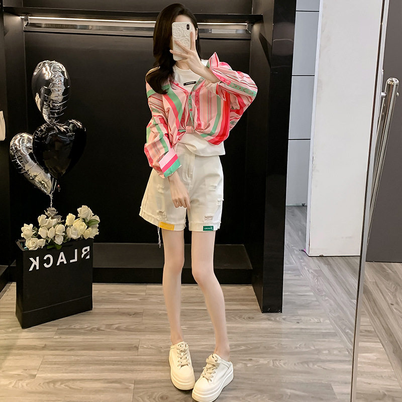 防晒休闲时尚套装女夏季炸街减龄假两件长袖牛仔短裤两件套潮