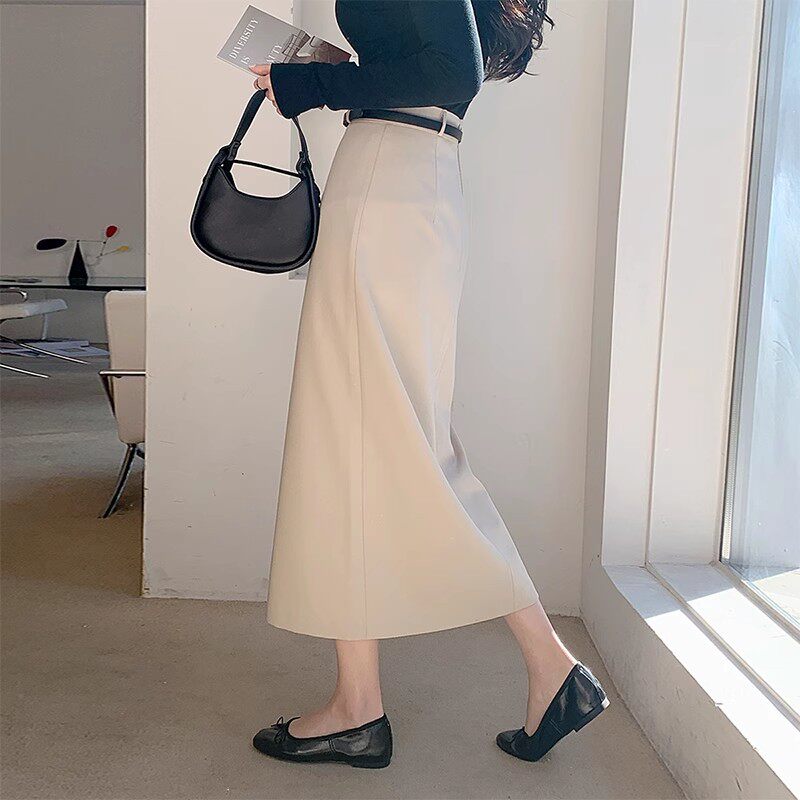 前开叉半身裙女春秋新款高腰垂感直筒裙小个子职业过膝西装长裙子