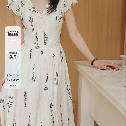 瞌睡兔 法式碎花短袖连衣裙女夏季薄款V领亚麻A字裙收腰刺绣长裙