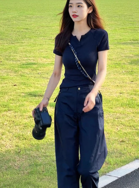 休闲时尚运动套装显瘦工装风两件套女2026夏新款高腰阔腿裤套装潮