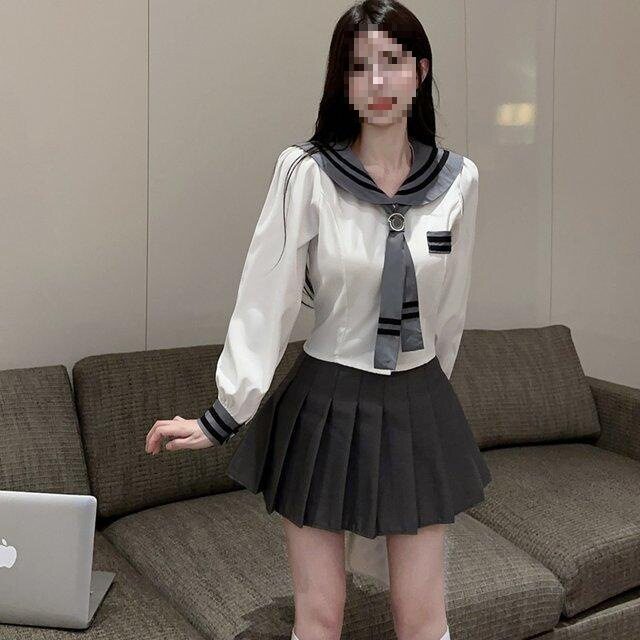 新款学院风制服套装海军领长袖领结衬衫高腰百褶短裙两件套女