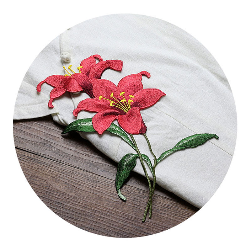 水溶刺绣补丁贴diy百合花图案名族风衣服连衣裙旗袍装饰花朵布贴