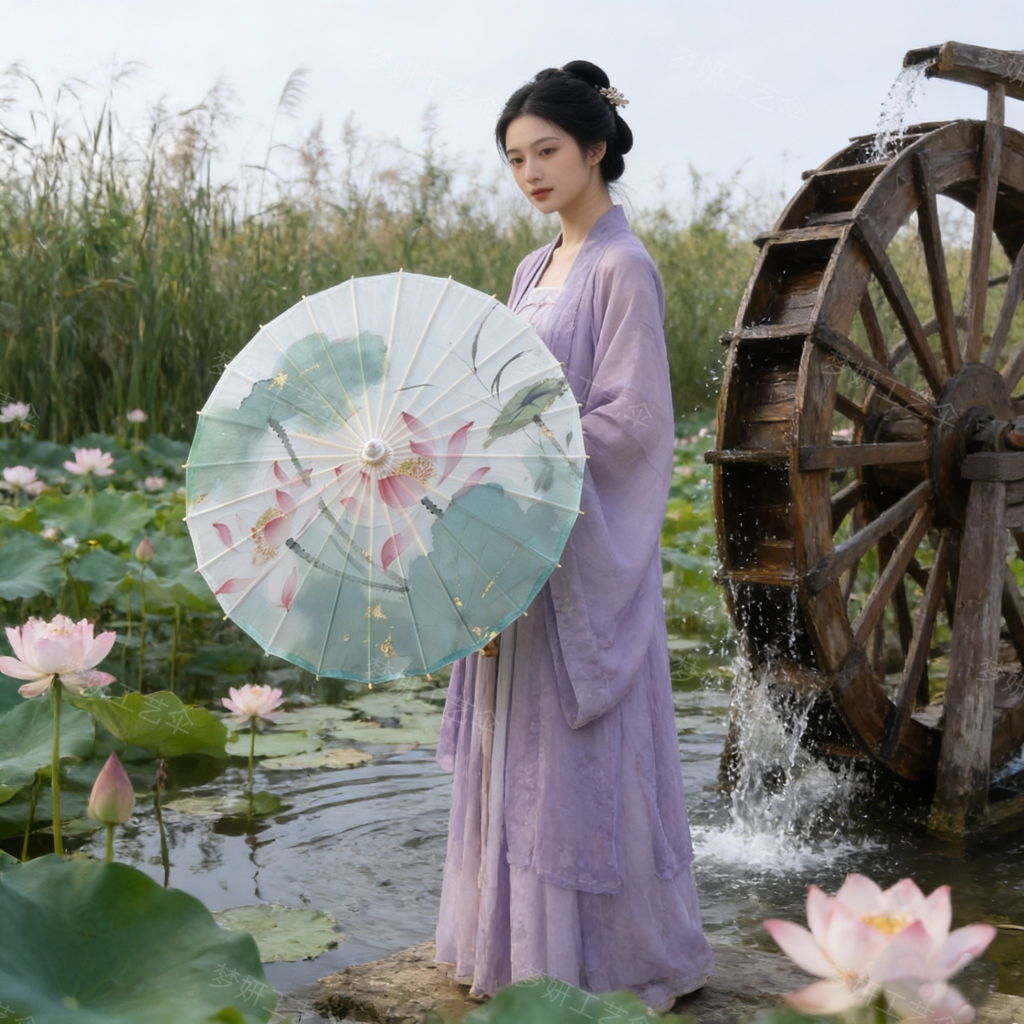 荷花油纸伞防雨防水实用汉服伞女古风道具演出古典传统装饰吊顶伞
