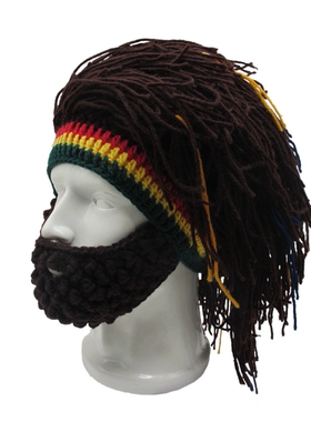 牙买加帽针织毛线帽子男女假发络腮胡子帽创意个性搞怪疯子雷鬼帽