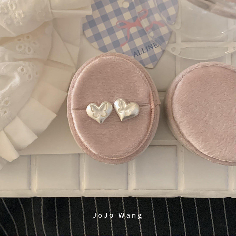 亚银爱心~镶嵌蝴蝶925银针防过敏小众百搭耳钉新年耳饰品耳环