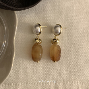 vintage 琥珀色925银针防过敏小众百搭耳钉新年耳饰品耳环