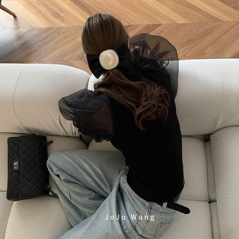 法式优雅夹蝴蝶结珍珠欧根纱发夹