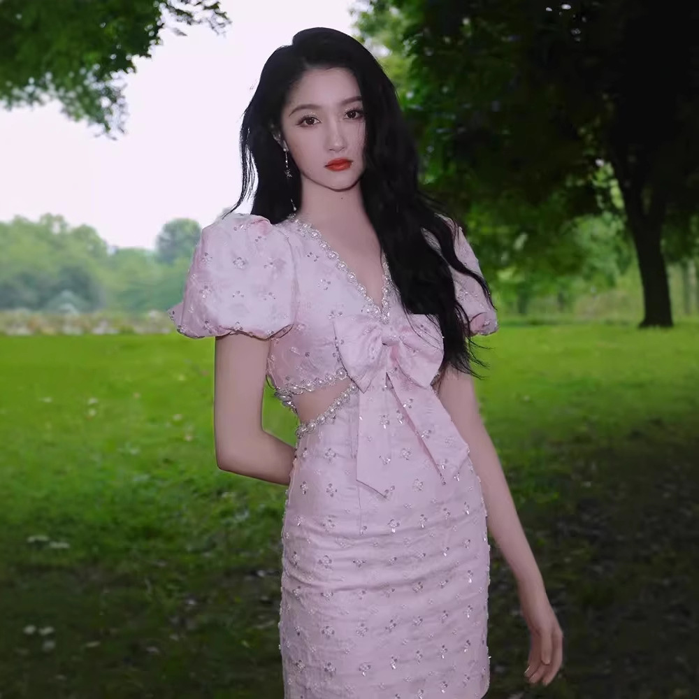 无恙关晓彤明星同款连衣裙女夏新款泡泡袖蝴蝶结礼服短裙子