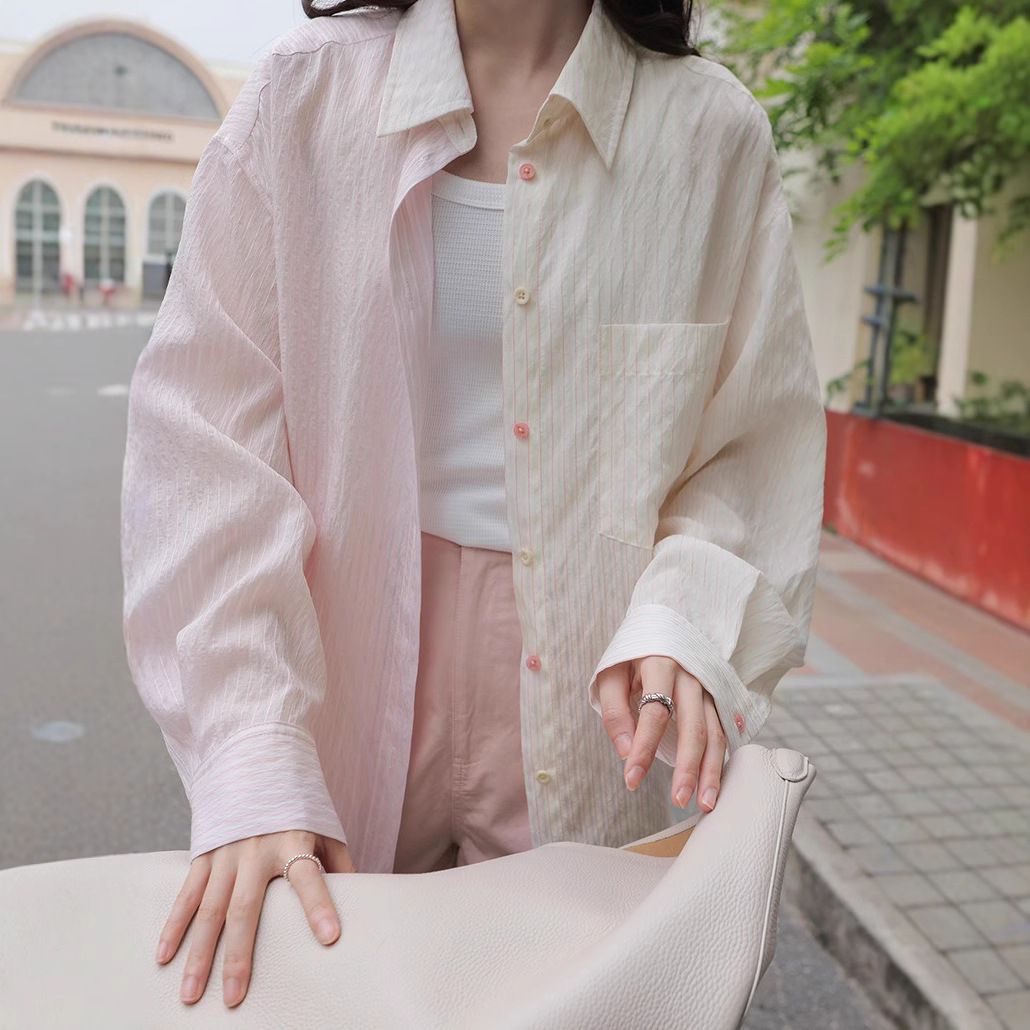 无恙1313夏日奶系温柔！气泡粉拼色衬衫女防晒宽松上衣
