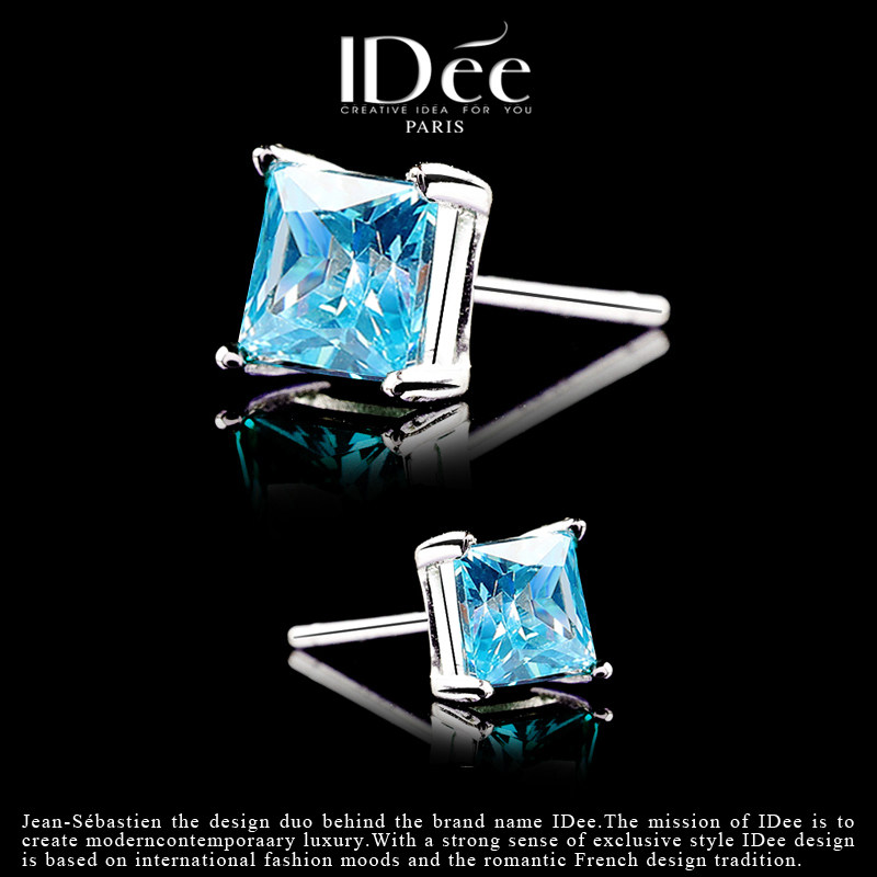 法国IDee蓝宝石纯银耳钉男女 方形简约耳饰 时尚耳坠情侣银饰品