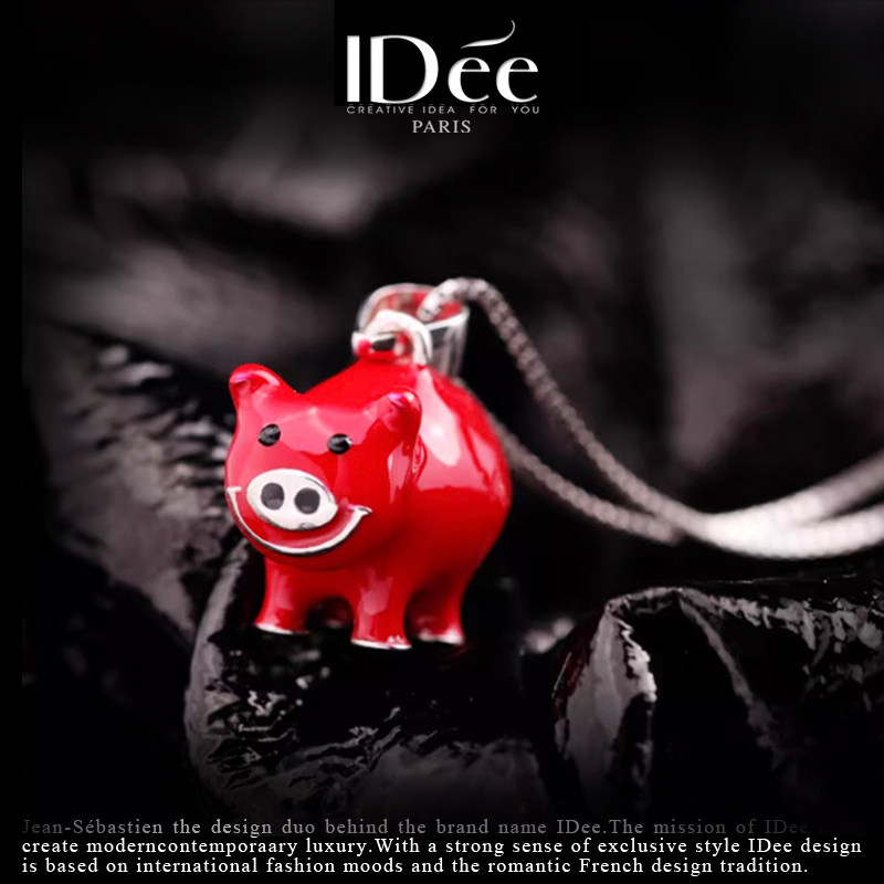 法国IDee小猪项链女 925纯银吊坠小众设计创意个性红色新年配饰品