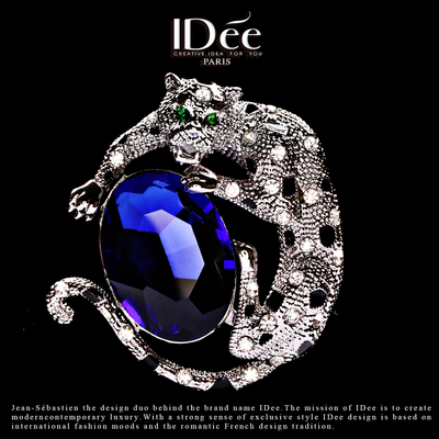 法国IDee豹子胸针女气质胸花别针欧美设计感小众感蓝宝石配饰品