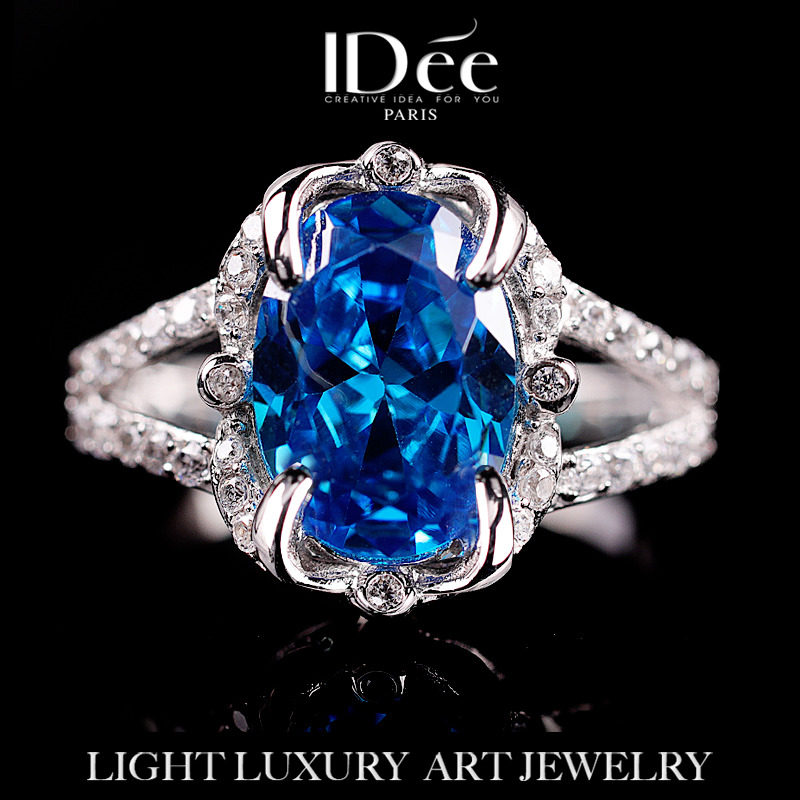 法国IDee蓝宝石银戒指女 气质食指戒指潮牌925银饰品欧美潮牌