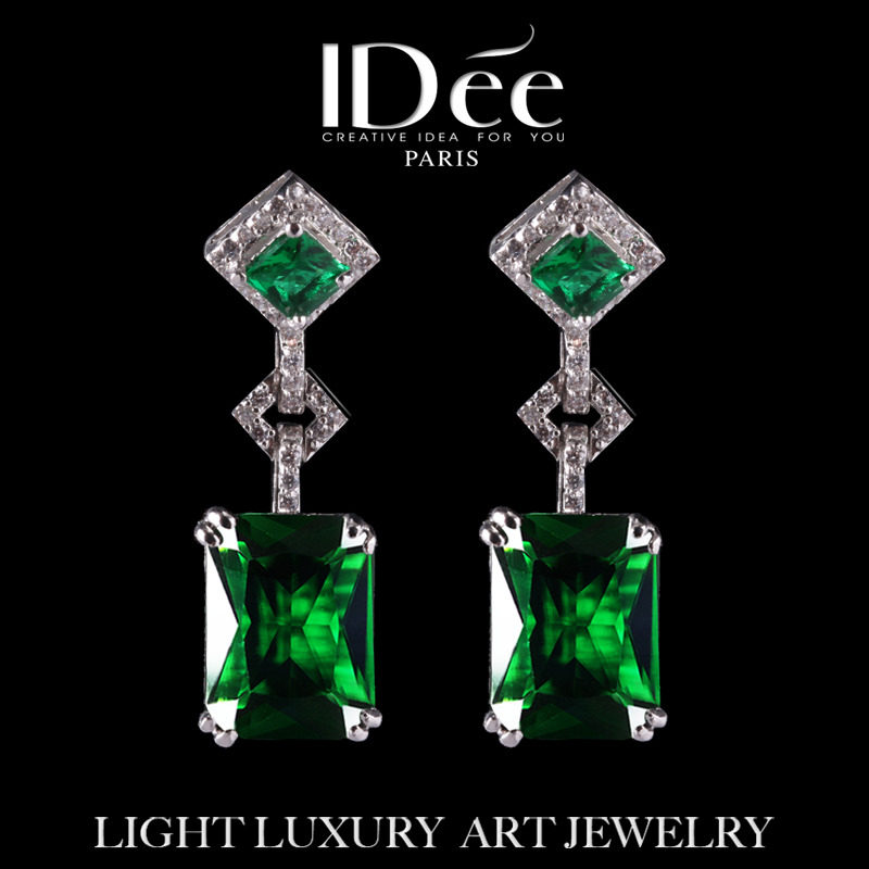 法国IDee祖母绿水晶耳坠女 长款宝石耳钉时尚银色耳饰2021新款潮