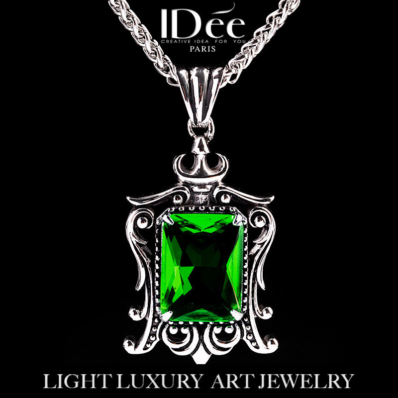法国IDee祖母绿宝石项链潮男 挂饰个性吊坠时尚潮牌银色配饰饰品