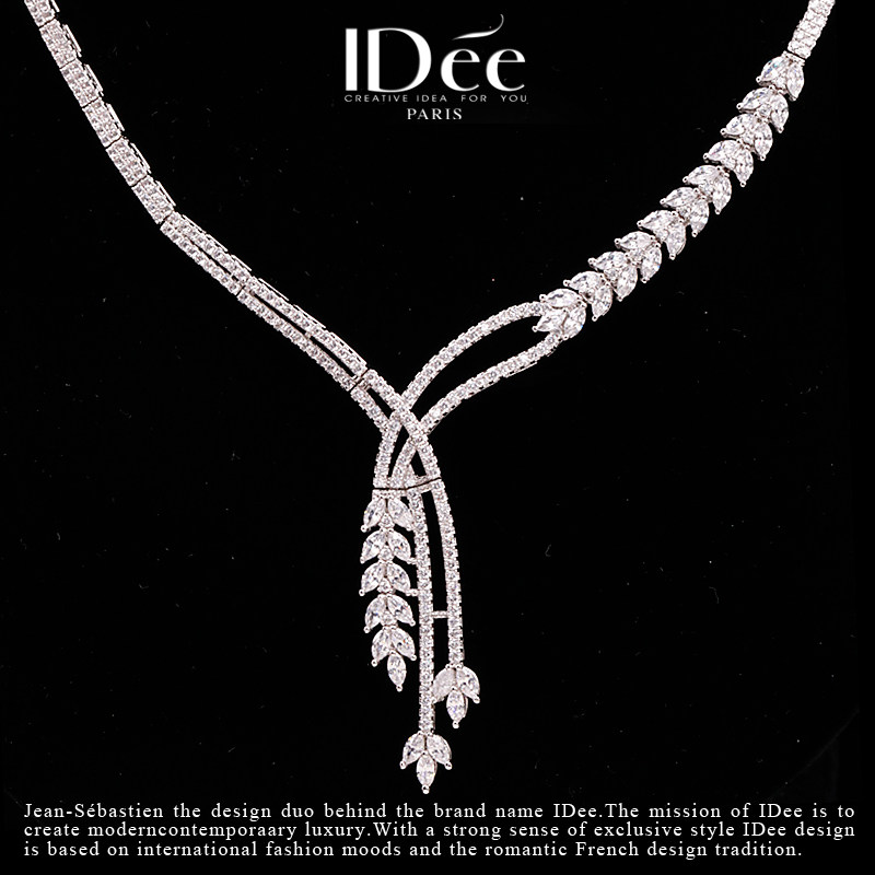 法国IDee牵绊闪钻项链女时尚吊坠宴会婚礼银色饰品婚纱配饰礼物