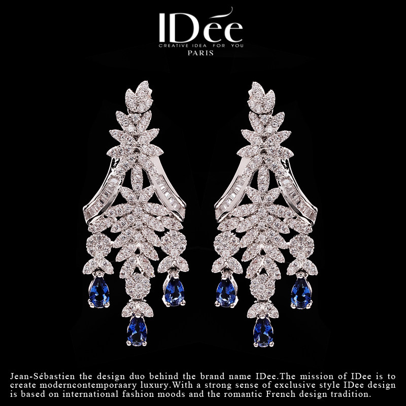 法国IDee思念蓝宝石长款耳坠女时尚气质耳钉银色饰品宴会婚礼配饰
