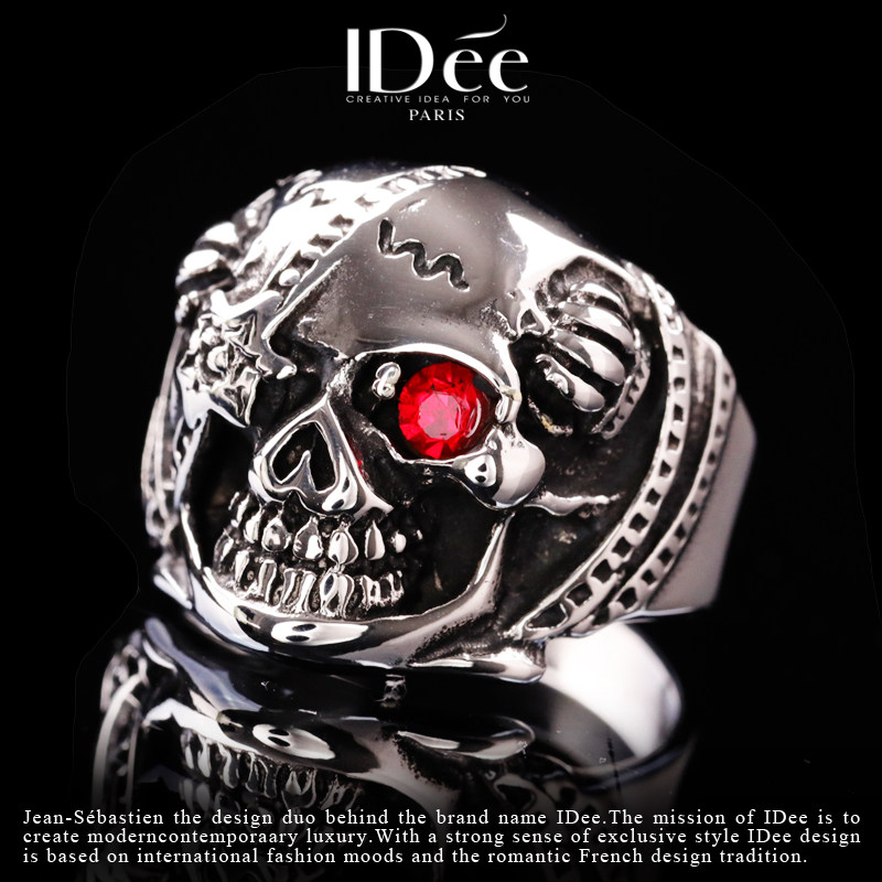 法国IDee红眼骷髅戒指男复古机车嘻哈指环潮男欧美食指戒银色饰品